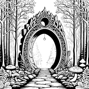 Mystisches Steinportal im Pilzwald Bastelvorlage für kleine Waldgeister
