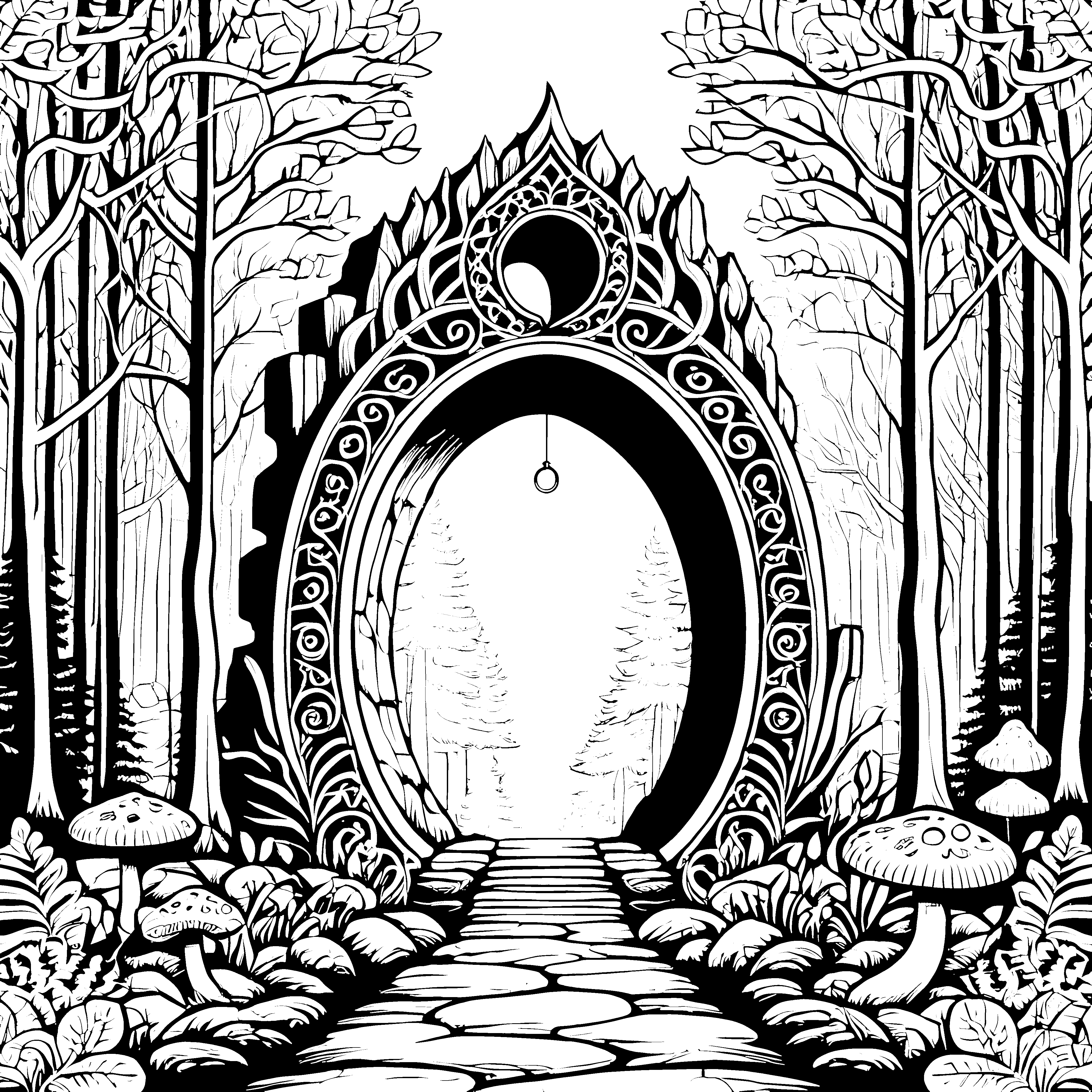 Mystisches Steinportal im Pilzwald Bastelvorlage für kleine Waldgeister