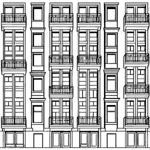 Symmetrische Fassade mit dekorativen Balkongeländern Bastelmotiv für malfreudige Stadtforscher