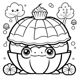 Süße Kawaii-Schildkröte mit Torte Ausmalbild für malfreudige Tortenliebhaber