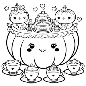 Festliches Kawaii-Herzfest auf dem Kürbis Malbild für kleine Kaffeetrinker
