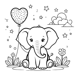 Liebevoller Elefant mit Herzballon Malvorlage für junge Blumenfans