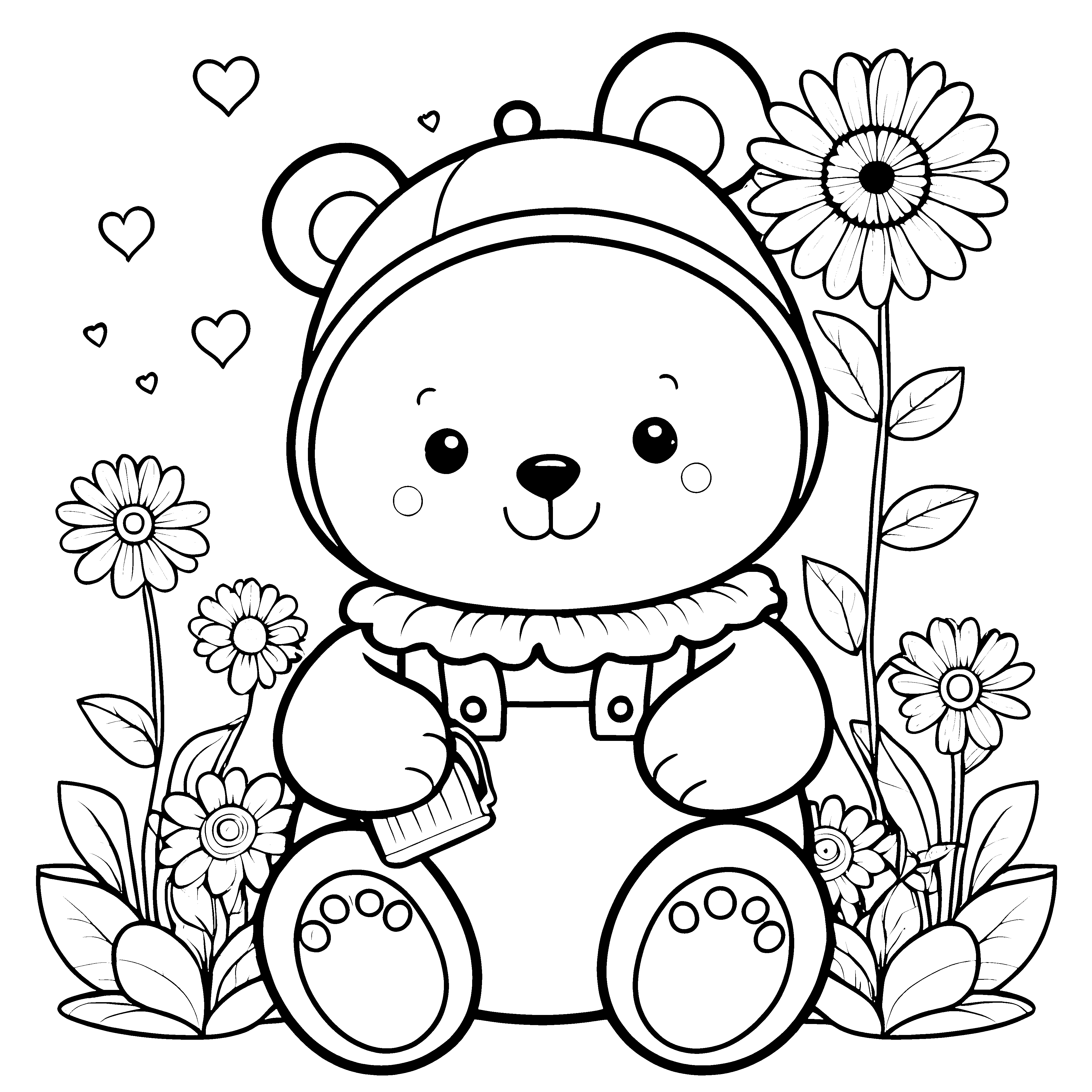 Lieblinghafter Kawaii-Teddybär in Blumenwiese Malbild für kleine Gartenfreunde