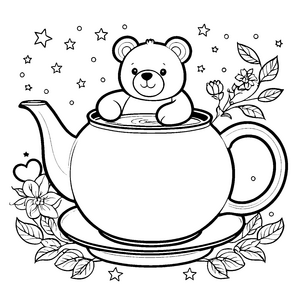 Ruhiger Kawaii Teddybär in Teekanne Malbild für neugierige Teegenießer