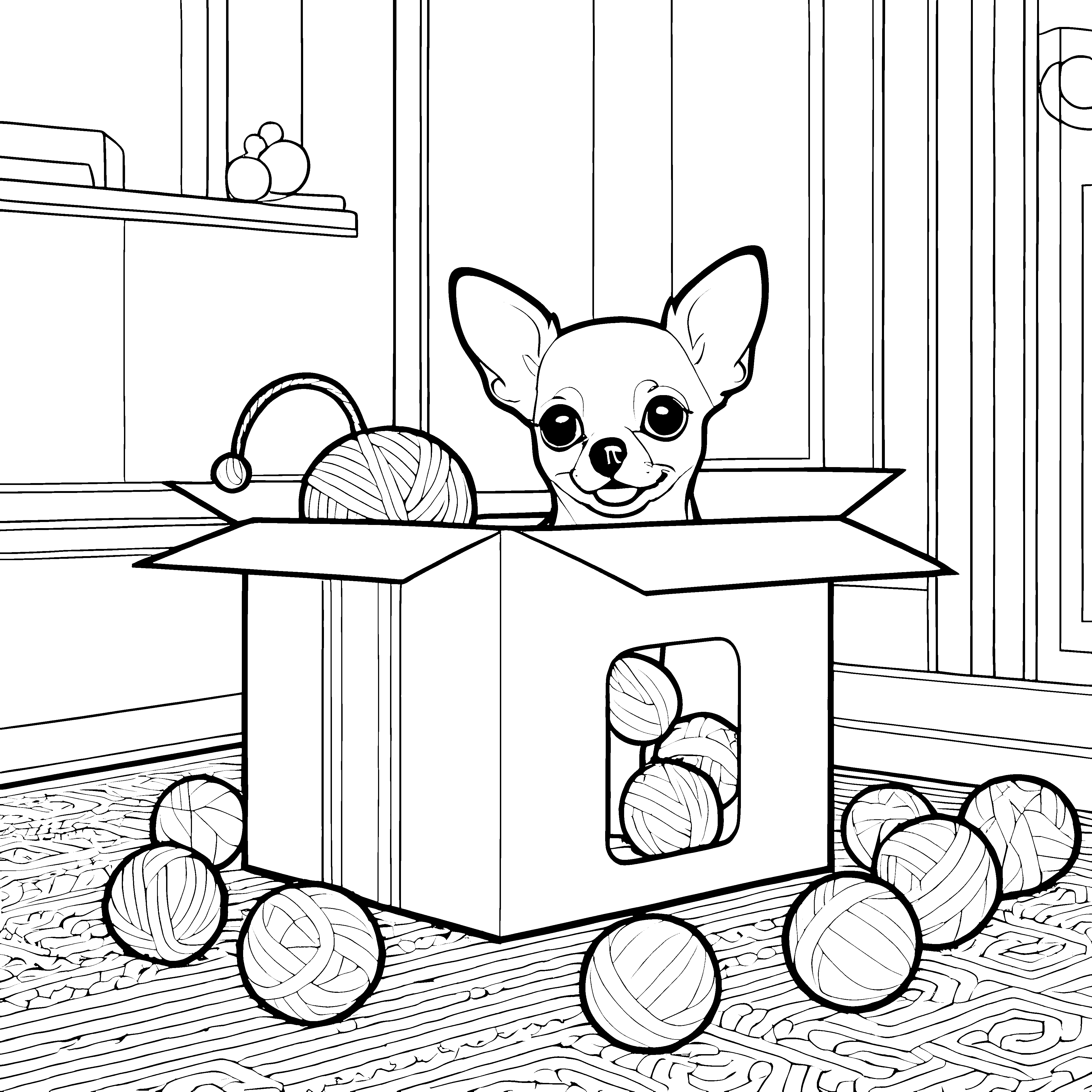 Neugieriger Chihuahua im Pappkarton Bastelvorlage für fröhliche Wollknäuel