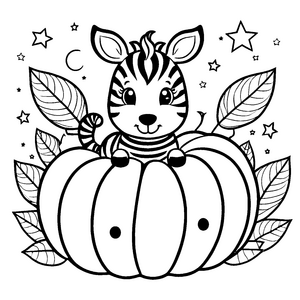 Märchenhaftes Kawaii-Zebra auf Kürbis Ausmalbild für neugierige Herbstfreunde