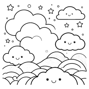 Niedliche Kawaii-Wolken mit Sternen Bastelmotiv für malfreudige Himmelsreisende