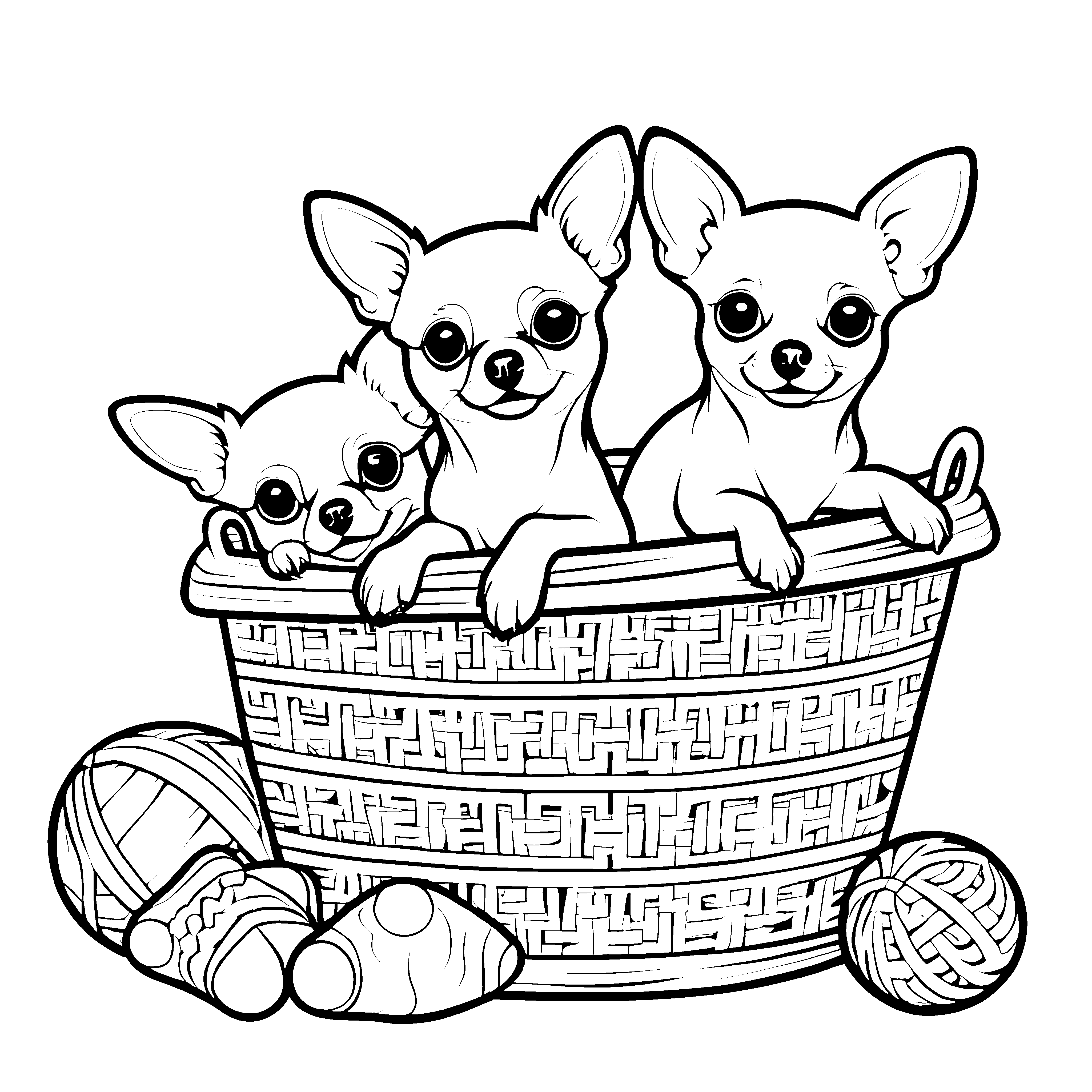 Niedliche Chihuahuas in der Waschschüssel Ausmalvorlage mit kleinen Wollknäueln
