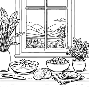 Sonnige Yacon-Schalen am Fenster Malbild für kreative Naturbeobachter