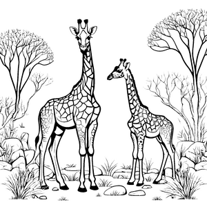 Heitere Giraffenjungtiere bei Gräsern Ausmalbild für kleine Naturfreunde