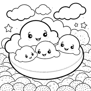 Fröhliche Kawaii-Wolken auf Scheibe Malbild für verträumte Wolkenkinder