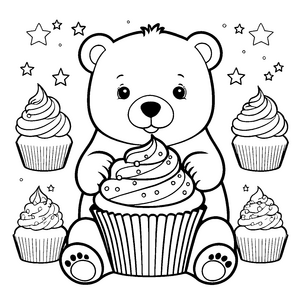 Süßer Kawaii Eisbär mit Cupcakes Ausmalvorlage für kreative Naschfreunde