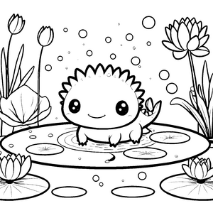 Herzliches Kawaii Axolotl bei Seerosen Bastelmotiv für mutige Teichfreunde