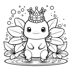 Prinzessinnenhaftes Kawaii-Axolotl mit Krone Malvorlage für kleine Wasserprinzessinnen