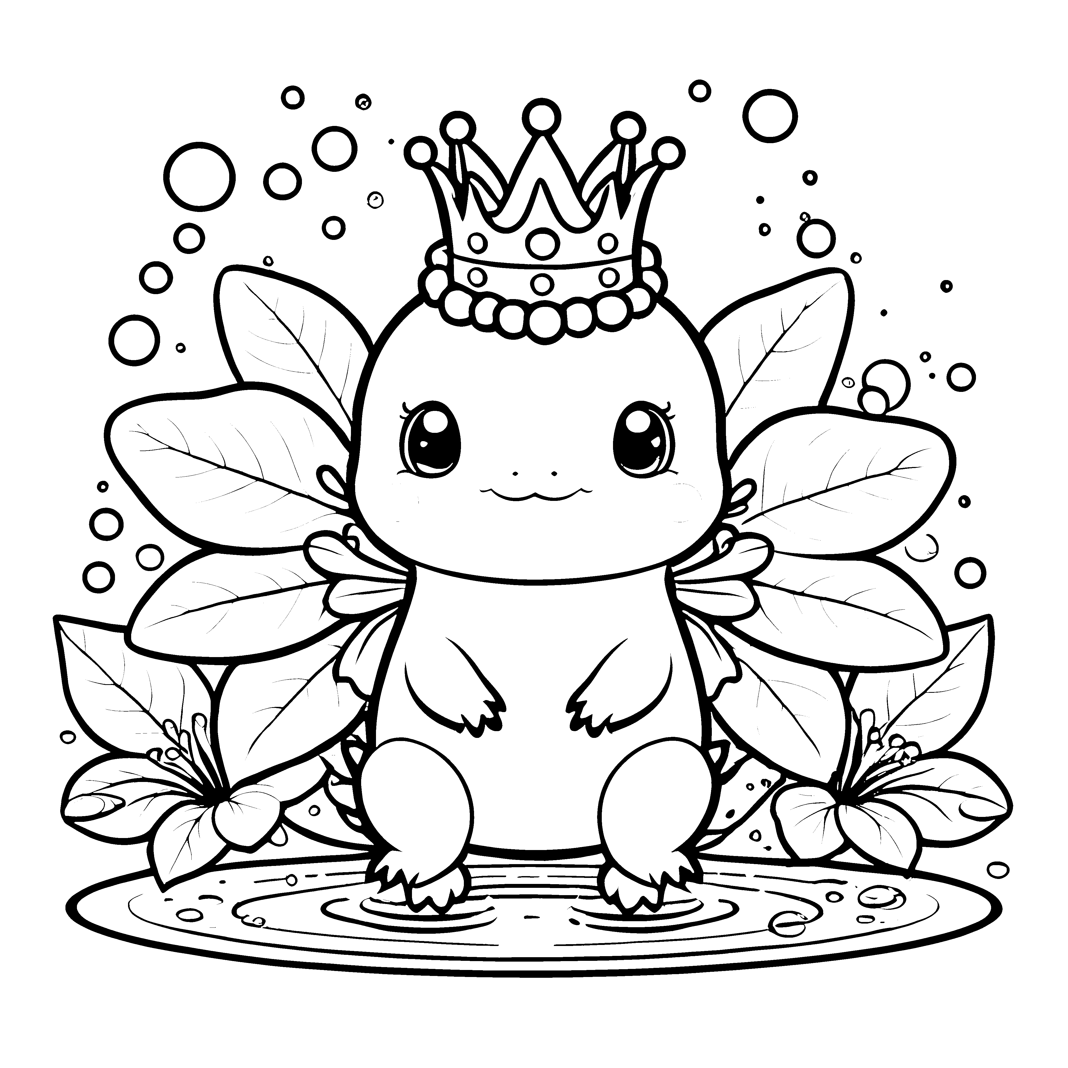 Prinzessinnenhaftes Kawaii-Axolotl mit Krone Malvorlage für kleine Wasserprinzessinnen