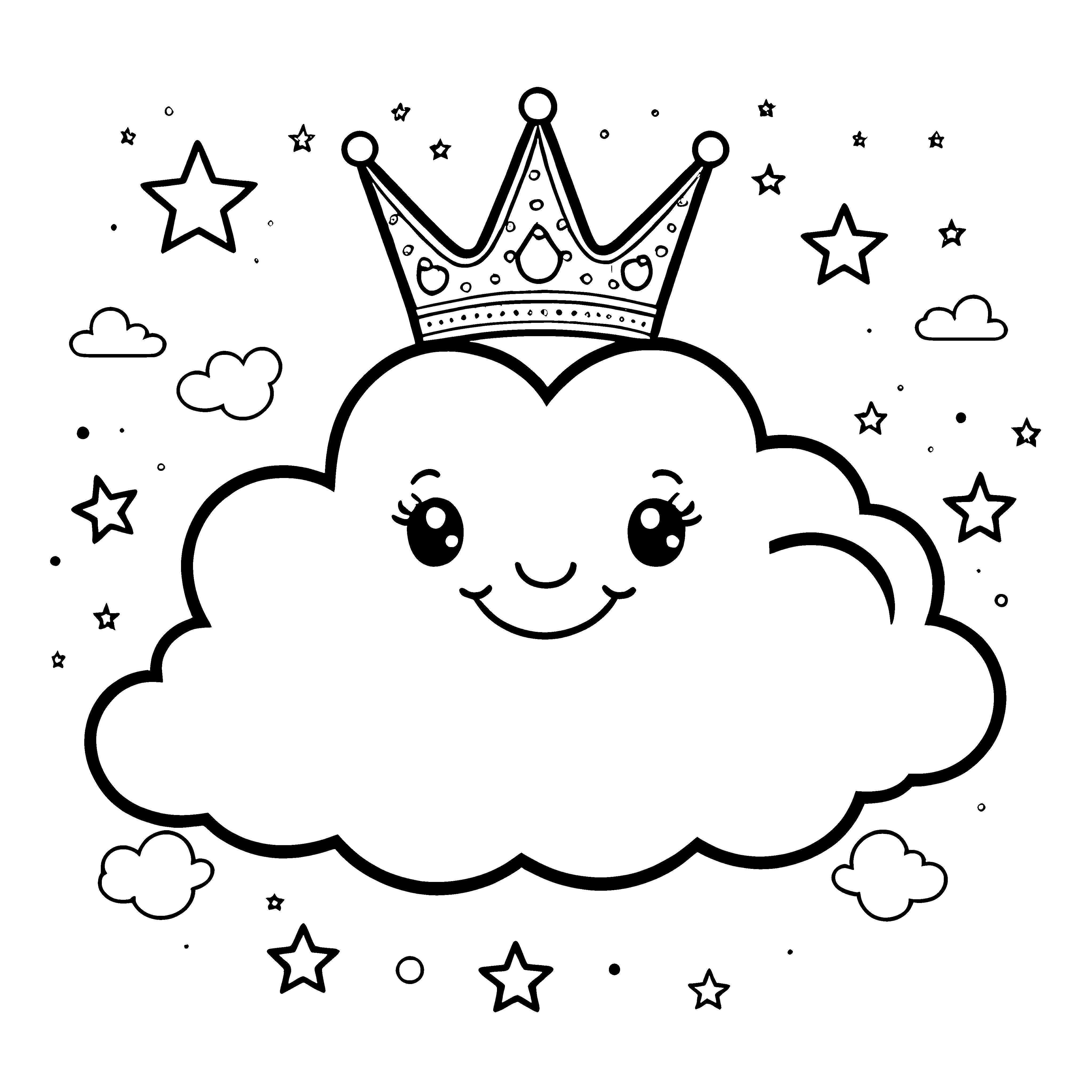 Prinzessinnenhafte Kawaii-Wolke mit Krone Ausmalbild für Sternenstaubträumer