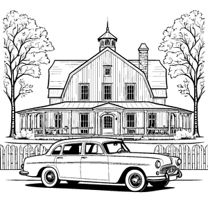 Prachtvoller Oldtimer vor dem Herrenhaus Malbild für kleine Hausbesucher