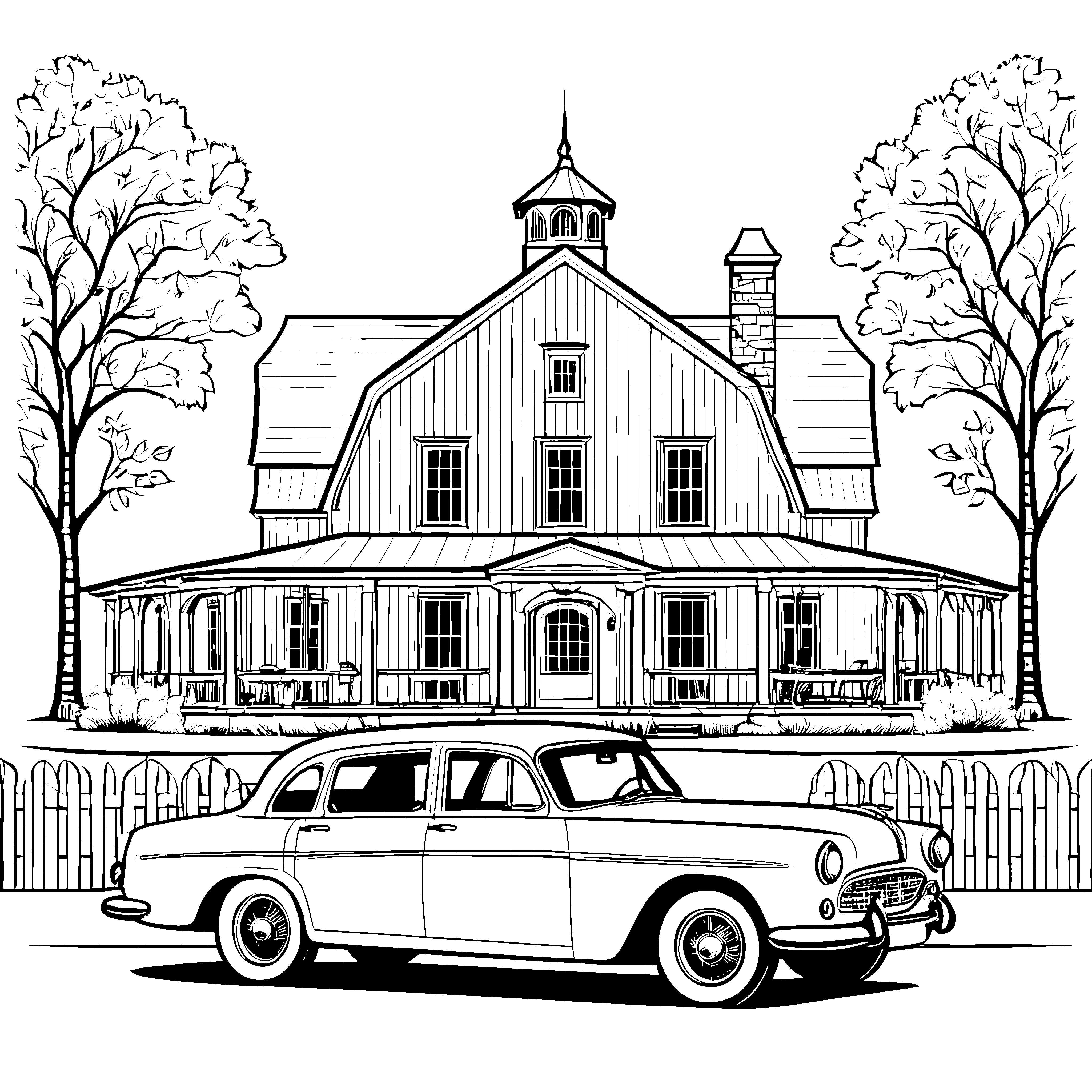 Prachtvoller Oldtimer vor dem Herrenhaus Malbild für kleine Hausbesucher