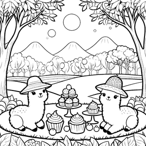 Niedliches Kawaii-Alpaka mit Cupcakes Ausmalvorlage für neugierige Naschkatzen