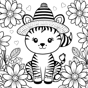 Herzliches Kawaii-Zebra mit Hut Malbild für kreative Blumenkinder