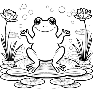 Heiterer Kawaii-Frosch mit Seerosen Ausmalbild für fröhliche Wasserbewohner