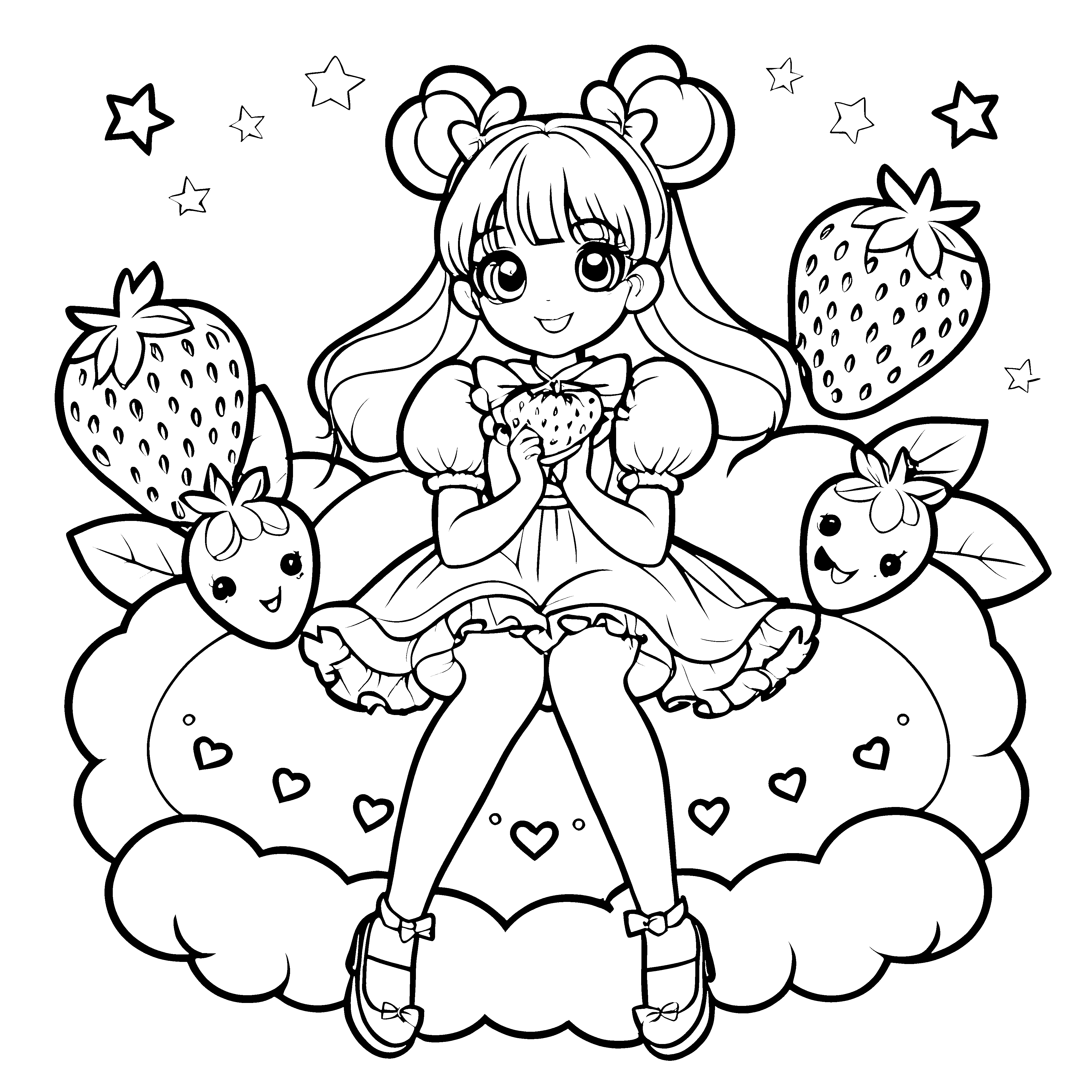 Verspieltes Kawaii-Mädchen mit Erdbeeren Bastelmotiv für junge Wolkenträumer