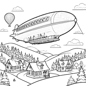 Riesige Zeppeline über Dorfhäusern Bastelmotiv für neugierige Dorfbewohner