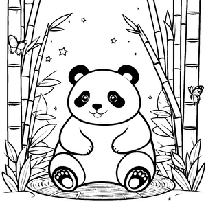 Niedlicher Panda mit Bambus und Schmetterlingen Ausmalvorlage für kleine Waldtiere