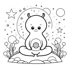 Meditatives Kawaii-Alien mit Stern Malvorlage für malfreudige Sternenstaubträumer