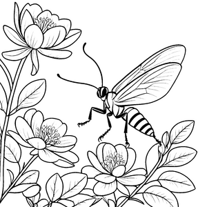 Detailreiche Wespe an Blüten Ausmalvorlage für junge Gartenfreunde