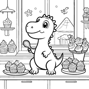 Süßer Kawaii Dinosaurier mit Cupcakes Malvorlage für neugierige Naschkatzen
