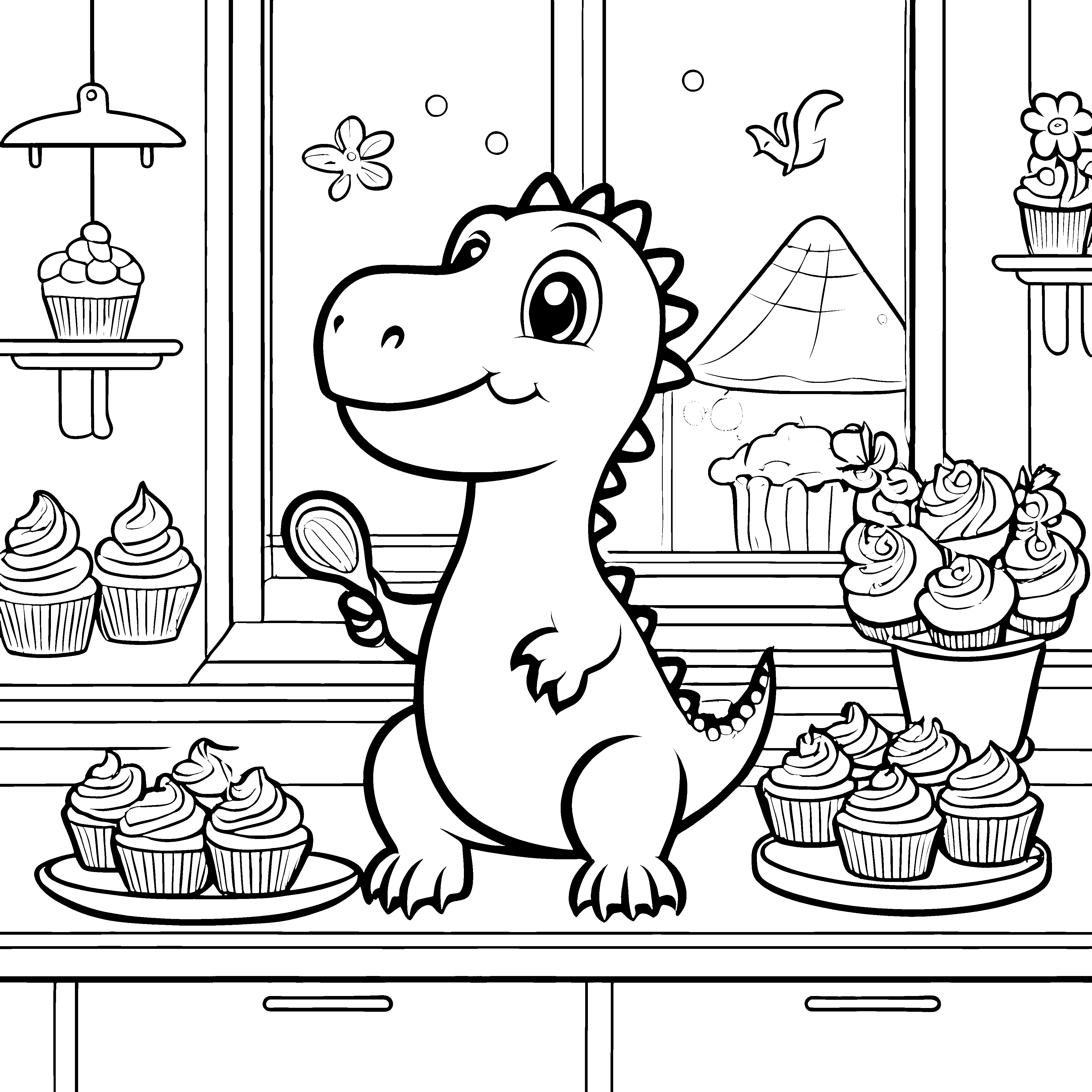 Süßer Kawaii Dinosaurier mit Cupcakes Malvorlage für neugierige Naschkatzen
