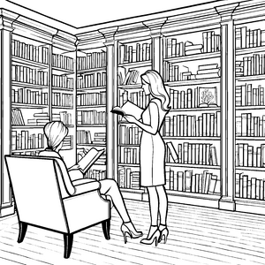 Geistreiche Frau mit Mittelscheitel in Bibliothek Ausmalbild für Buchwürmer