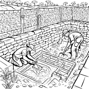Konzentrierte Archäologen an Steinmauern Bastelmotiv für kleine Grabungsfreunde