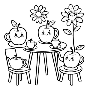 Gemütliche Kawaii-Äpfel bei der Teestunde Malvorlage für Blumenfreunde