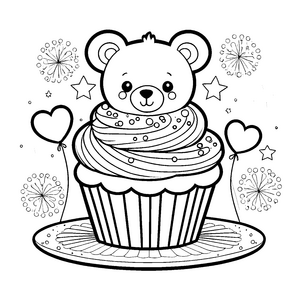 Feierlicher Kawaii Teddybär im Cupcake Malvorlage für kleine Partygäste