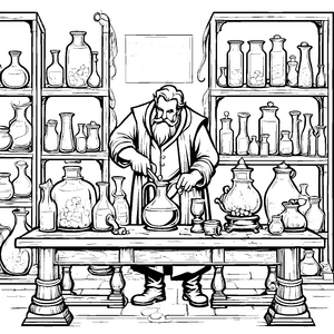 Ehrwürdiger Alchemist mit Glasgefäßen Ausmalvorlage für neugierige Laborhelfer