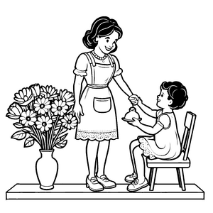 Rührende Mutter mit Blumenstrauß Bastelmotiv für kreative Familienkinder