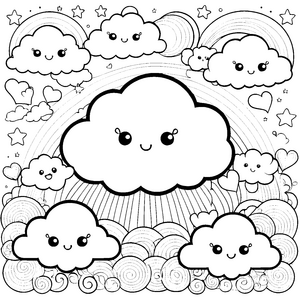 Fröhliche Kawaii-Wolken mit Regenbögen Malvorlage für mutige Himmelsforscher