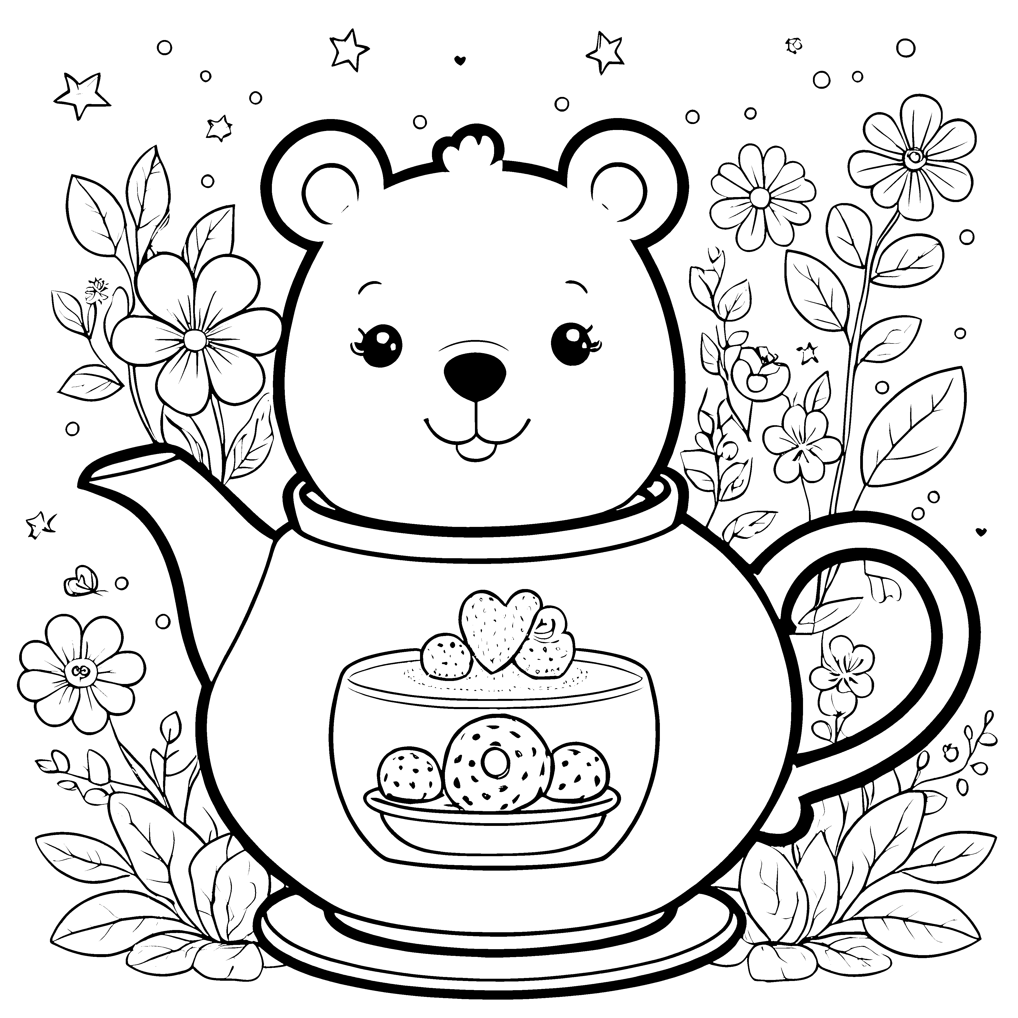Süßer Kawaii Bär in Teekanne Malbild für Naschkatzen