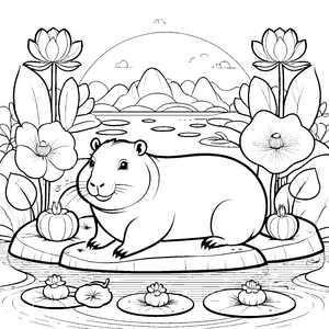 Heiteres Capybara bei Lotusblüten Bastelvorlage für neugierige Wasserforscher
