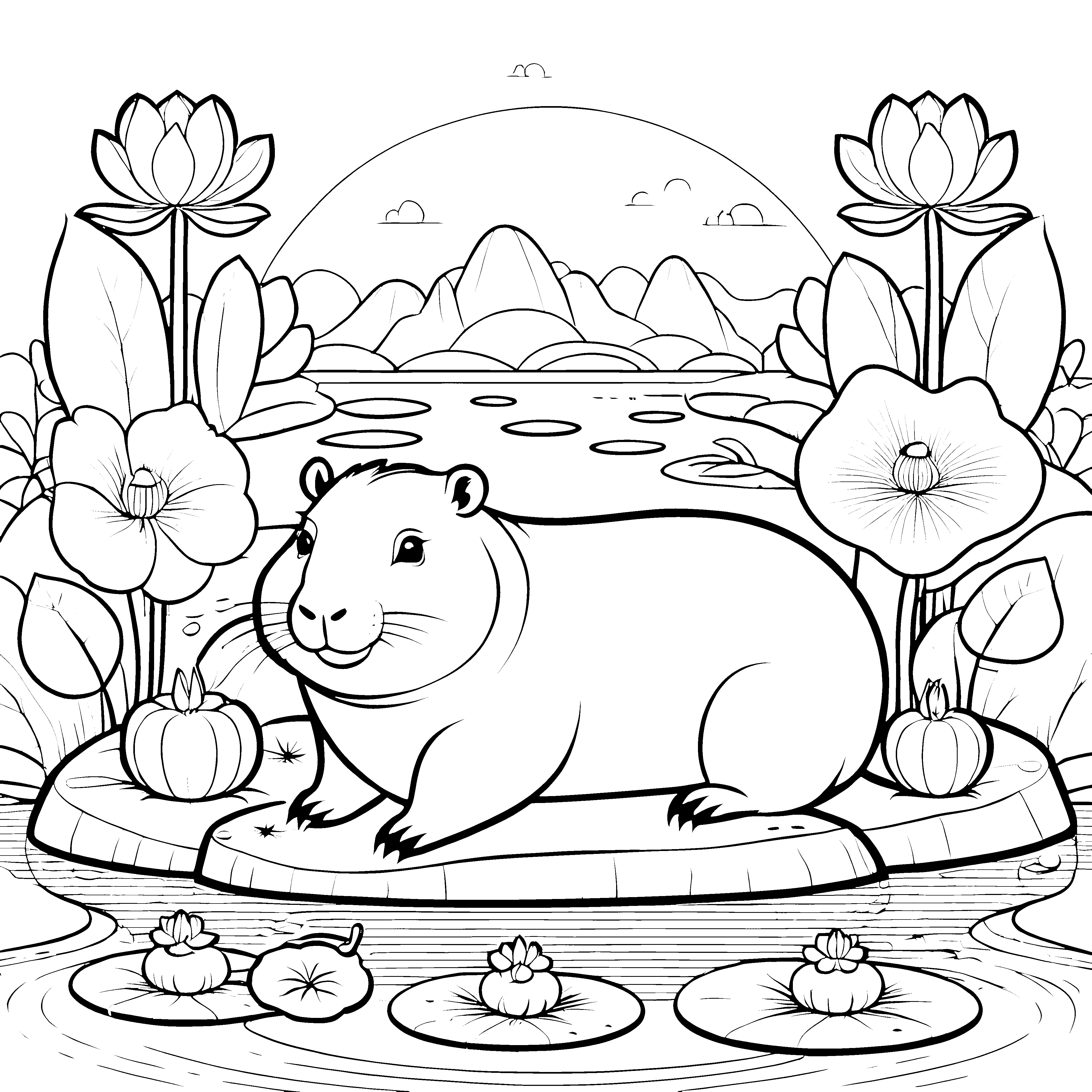 Heiteres Capybara bei Lotusblüten Bastelvorlage für neugierige Wasserforscher