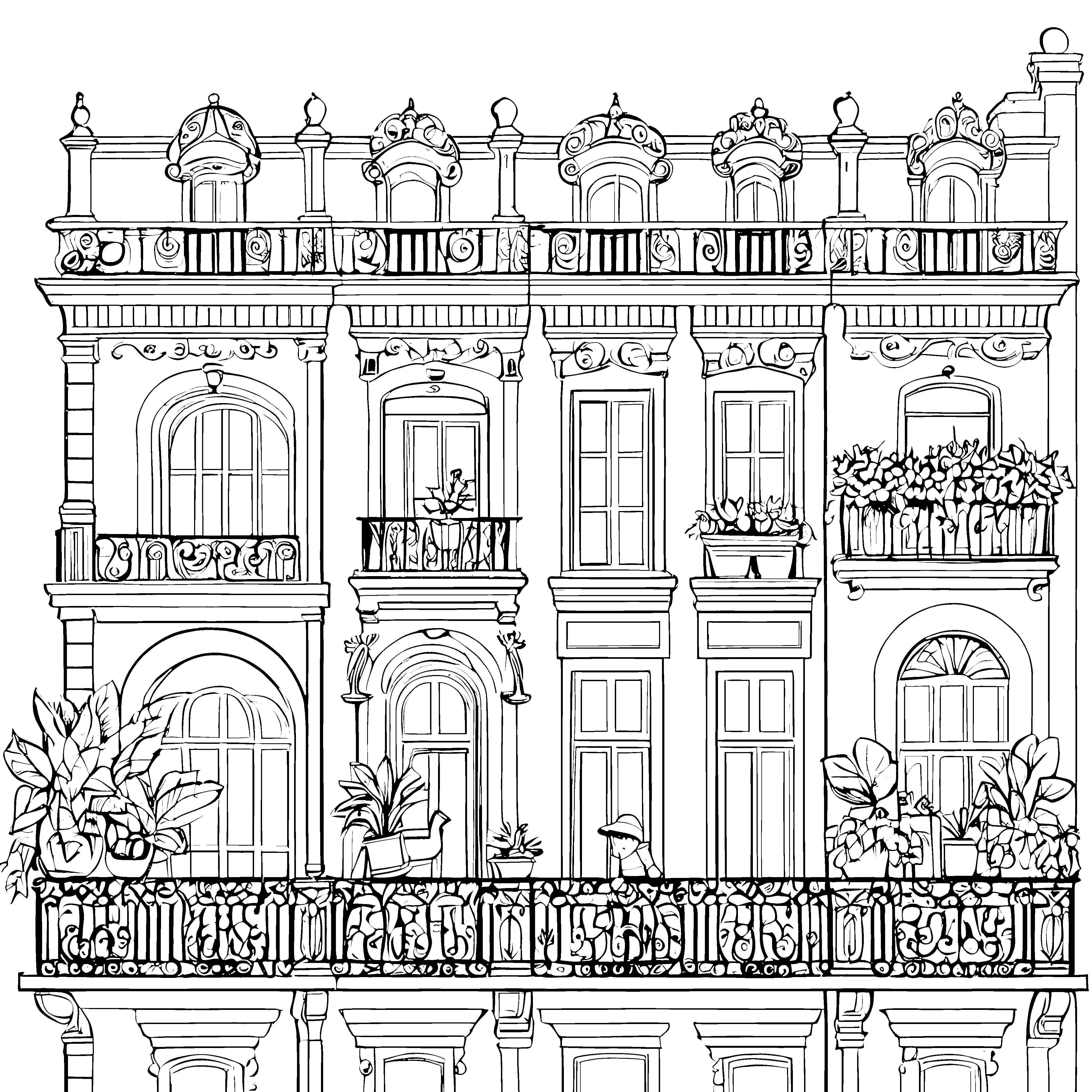 Prachtvolle Fassade mit Blumenbalkonen Malvorlage für Stadtplaner