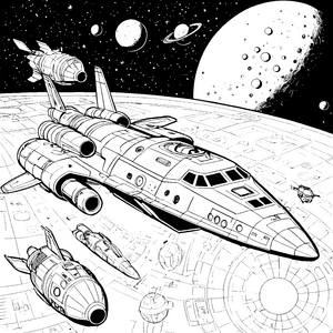 Monumentale Raumschiffe bei Planeten Ausmalvorlage für fröhliche Weltraumfahrer
