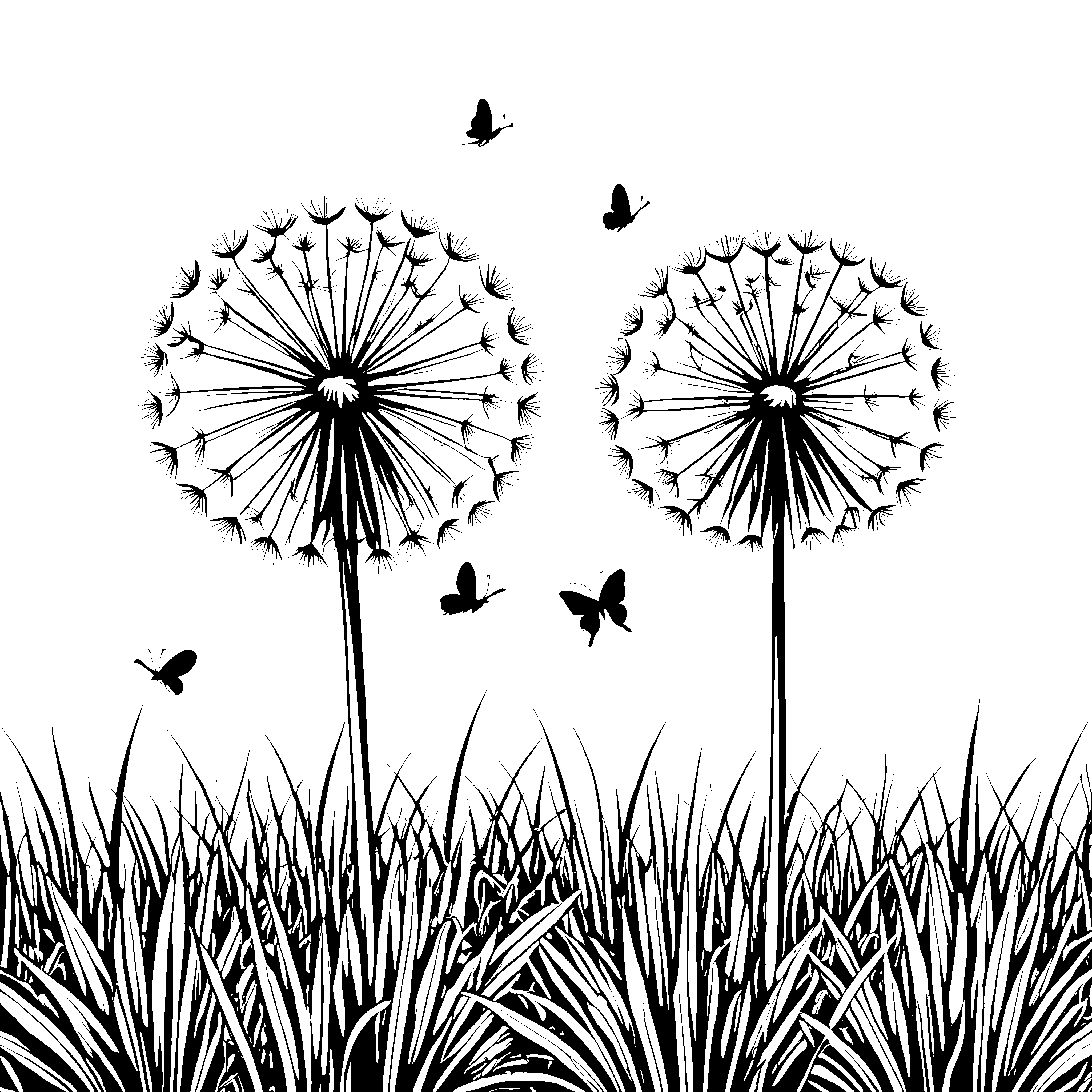 Freundliche Pusteblumen mit Schmetterlingen Ausmalvorlage für kleine Wiesenputzer