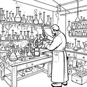 Konzentrierter Alchemist mit Glaskolben Bastelmotiv für Laborbegeisterte
