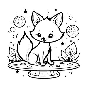 Kosmischer Kawaii-Fuchs auf Podest Bastelvorlage für mutige Weltraumreisen