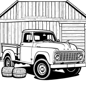 Rustikaler Oldtimer-Pickup vor Scheune Bastelmotiv für mutige Reifenfreunde