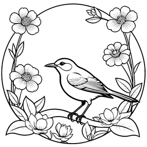 Sanfter Singvogel im Blütenkranz Bastelmotiv für kreative Blumenkinder