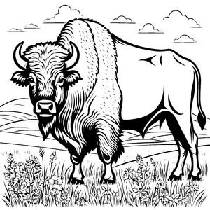 Stolzer Bison in Blumenwiese Ausmalbild für neugierige Blumenkinder